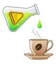 Green poisonous liquid dripping from a chemical glass flasks into coffee cup, food poisoning. Yellow label with Novichok indicated Royalty Free Stock Photo